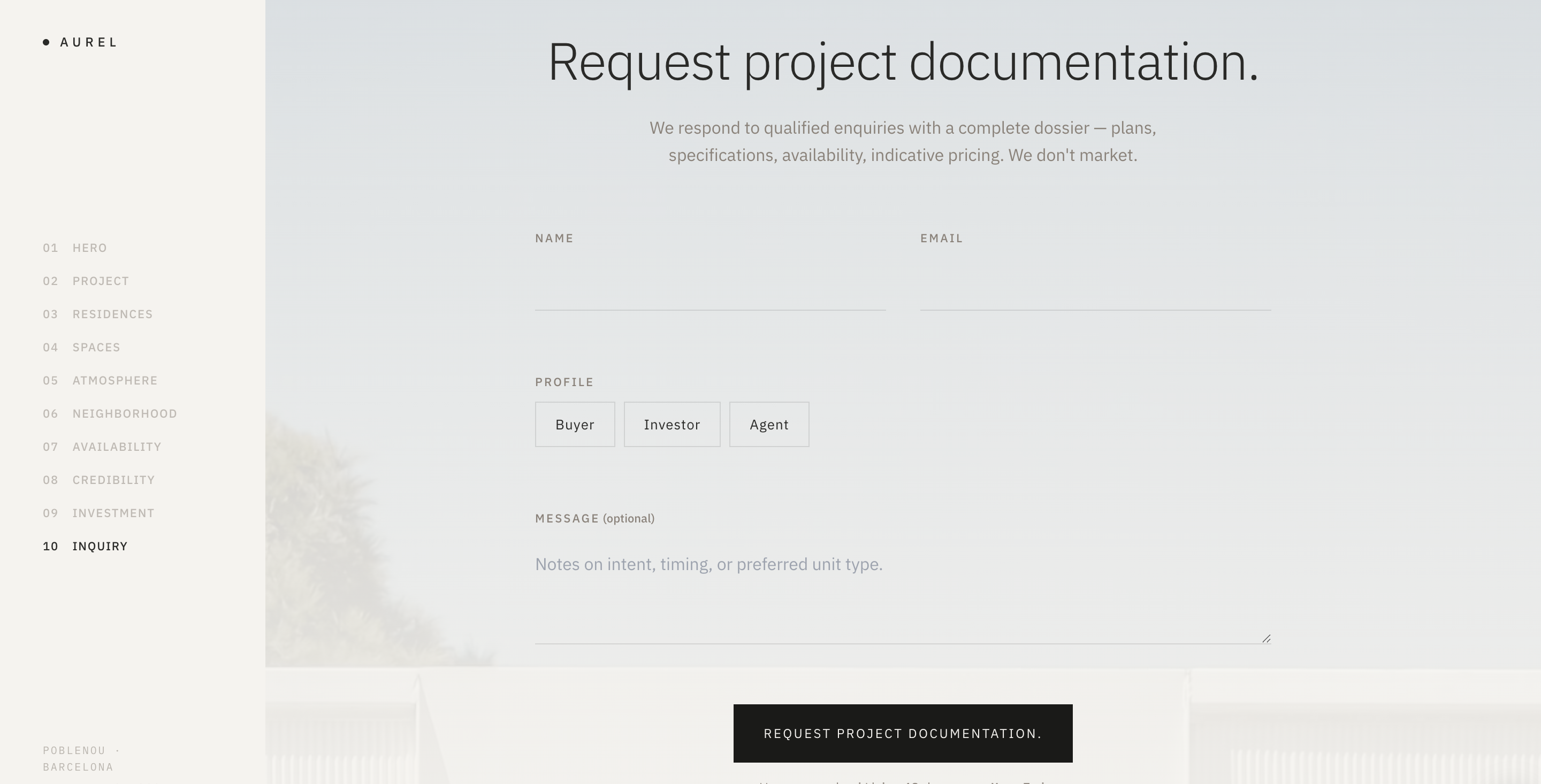 AUREL inquiry section, request project documentation form with buyer / investor / agent profiles