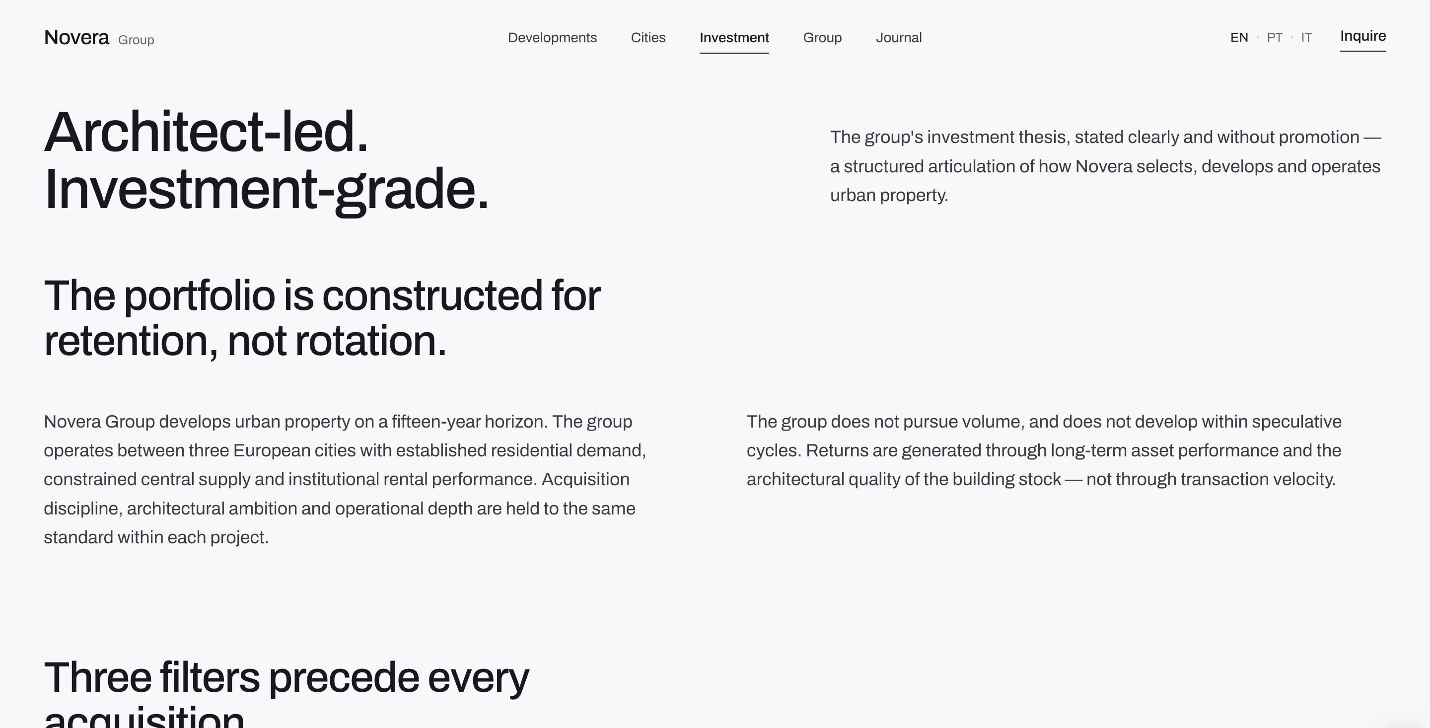 Novera investment section, ‘Architect-led. Investment-grade.’ and the portfolio constructed for retention, not rotation