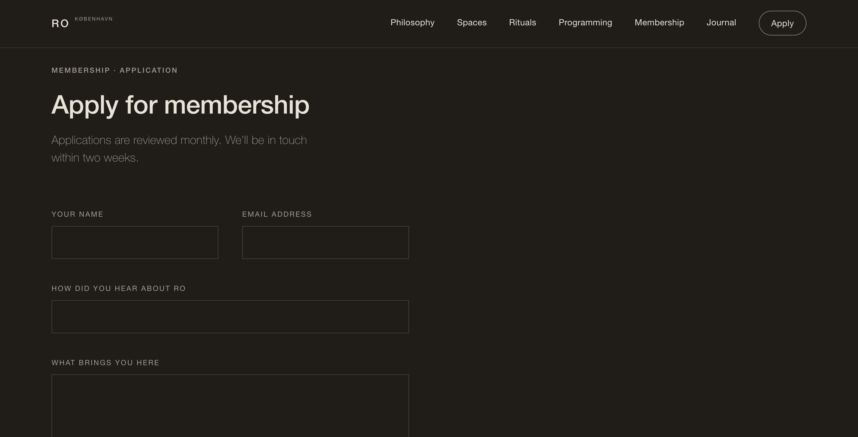 Ro application page on graphite, &lsquo;Apply for membership&rsquo;, reviewed monthly, with name, email and open questions